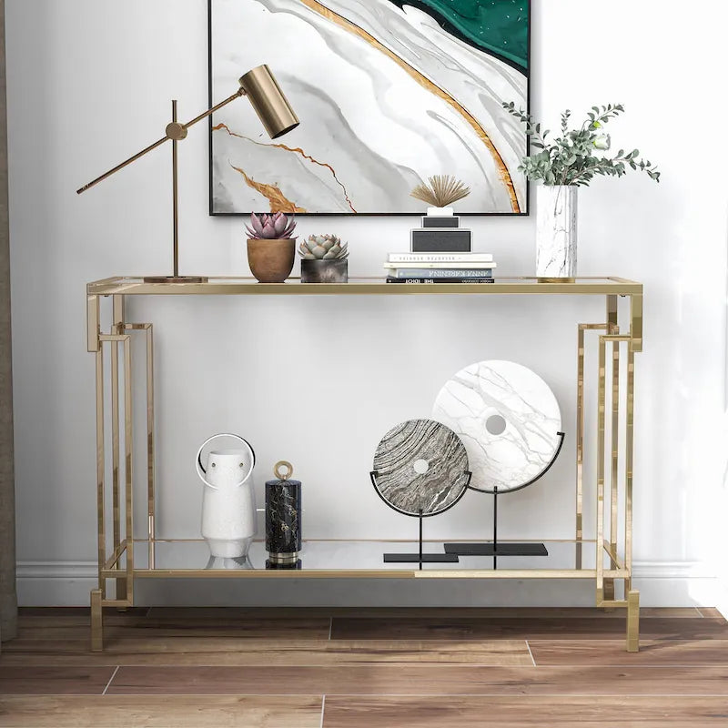 Mesa auxiliar de sofá geométrica color champán con tapa de cristal y estante de espejo, 1 pieza