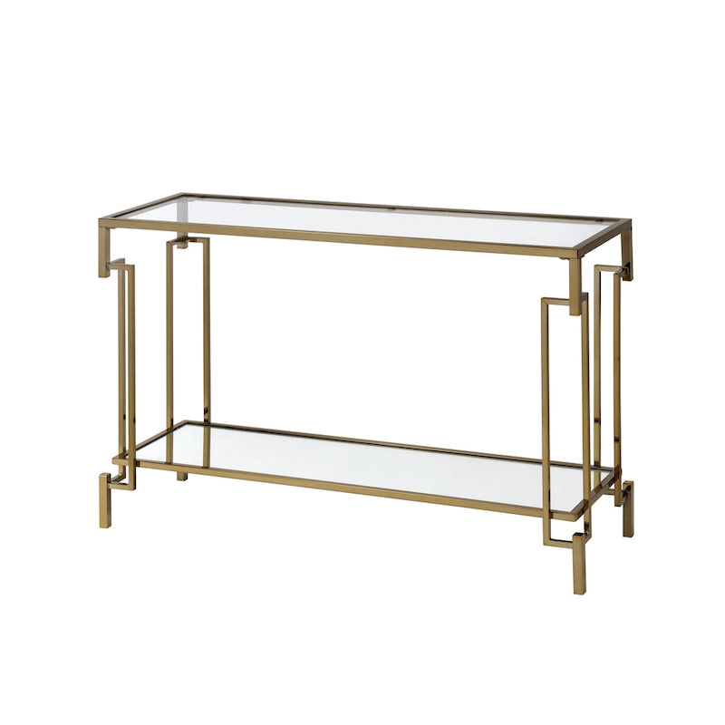 Mesa auxiliar de sofá geométrica color champán con tapa de cristal y estante de espejo, 1 pieza
