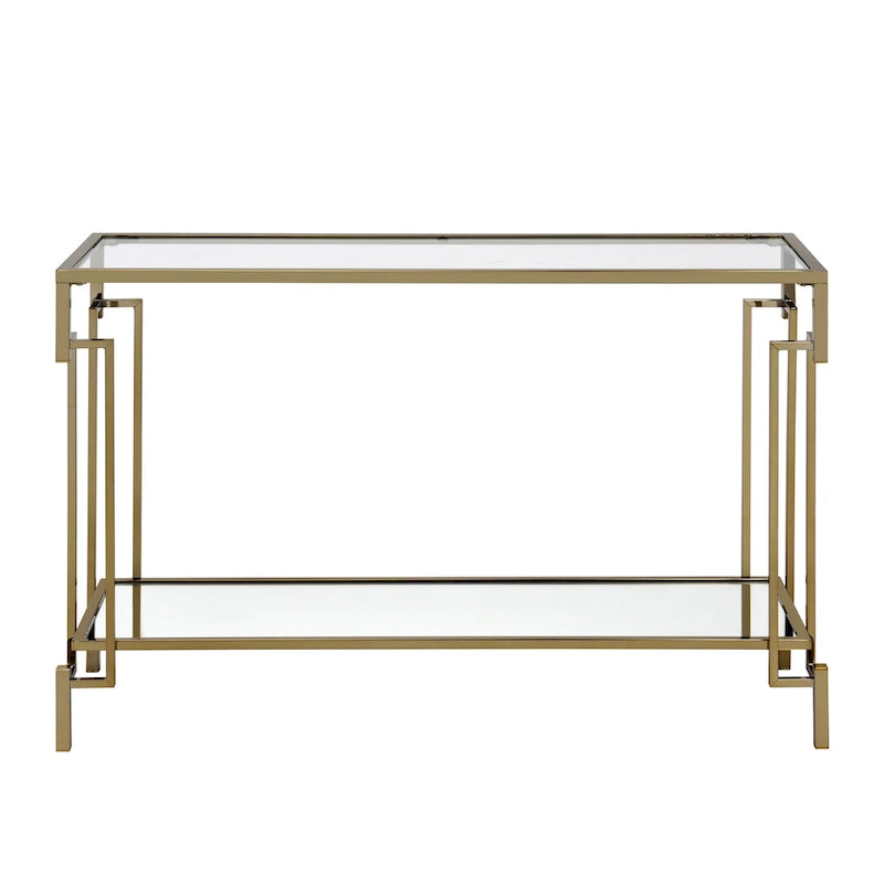Mesa auxiliar de sofá geométrica color champán con tapa de cristal y estante de espejo, 1 pieza