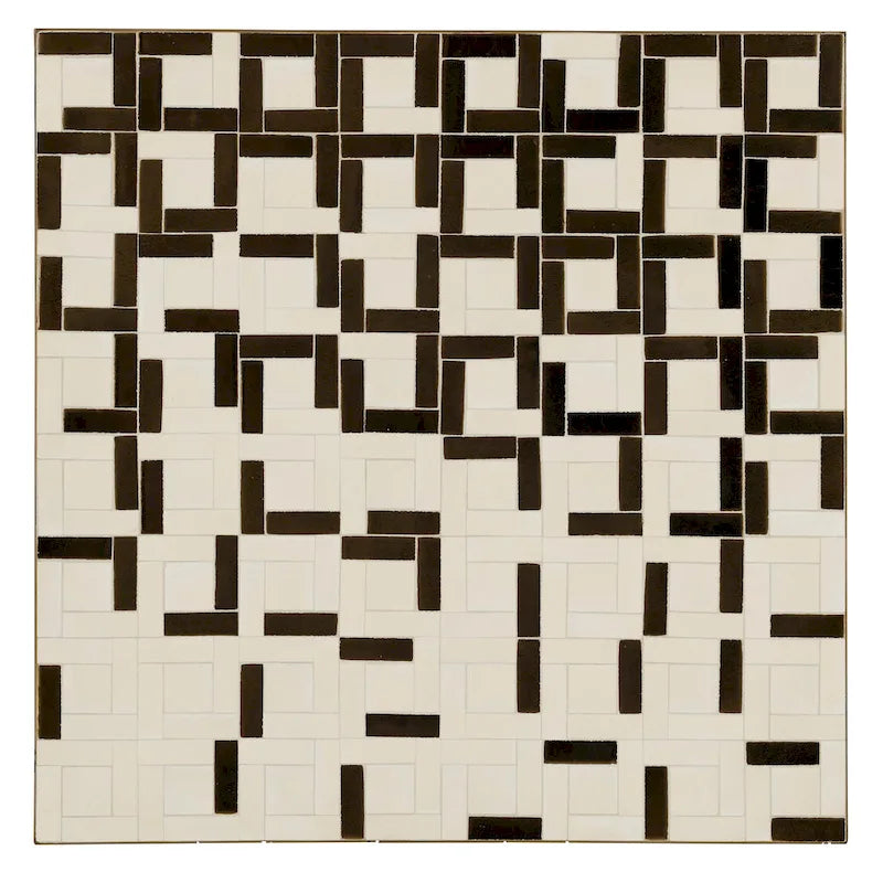 Mesa de centro con mosaico de azulejos cuadrados blancos y negros, base de metal abierta, para interior/exterior