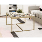 Mesa de centro con mosaico de azulejos cuadrados blancos y negros, base de metal abierta, para interior/exterior
