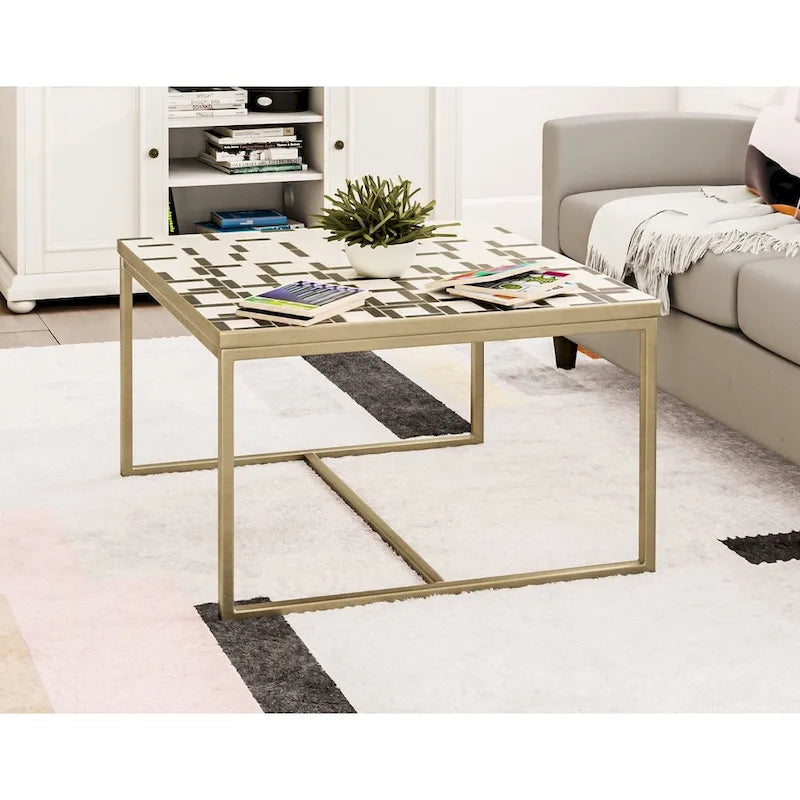 Mesa de centro con mosaico de azulejos cuadrados blancos y negros, base de metal abierta, para interior/exterior