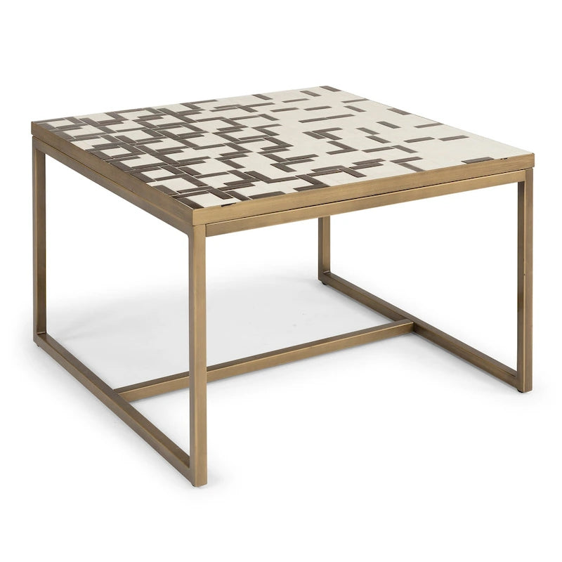 Mesa de centro con mosaico de azulejos cuadrados blancos y negros, base de metal abierta, para interior/exterior