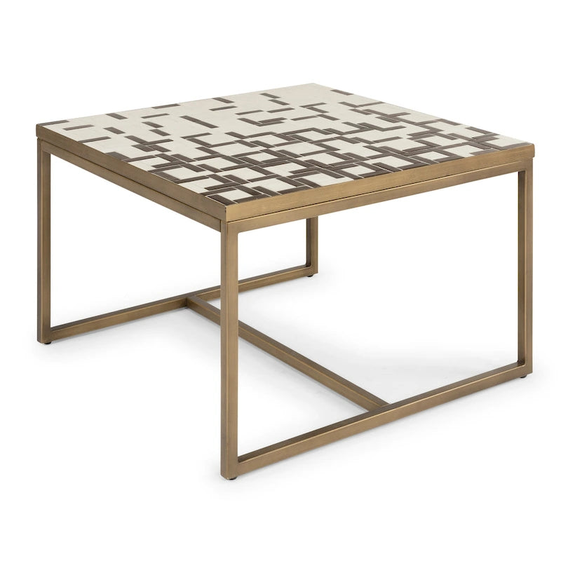 Mesa de centro con mosaico de azulejos cuadrados blancos y negros, base de metal abierta, para interior/exterior
