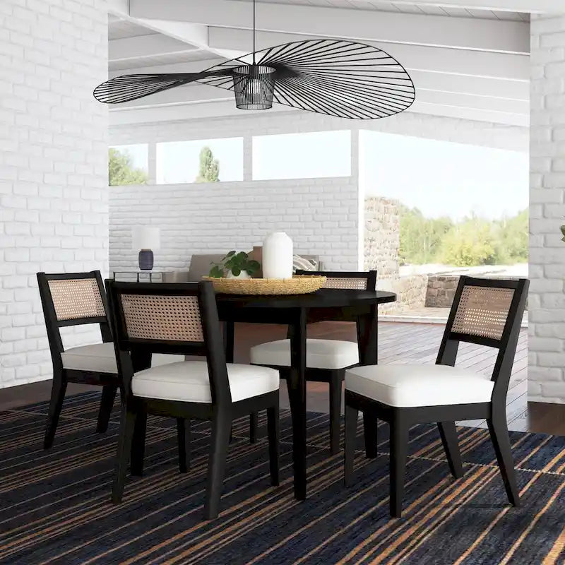 Mesa de comedor redonda negra, estilo de mediados de siglo, 4 plazas