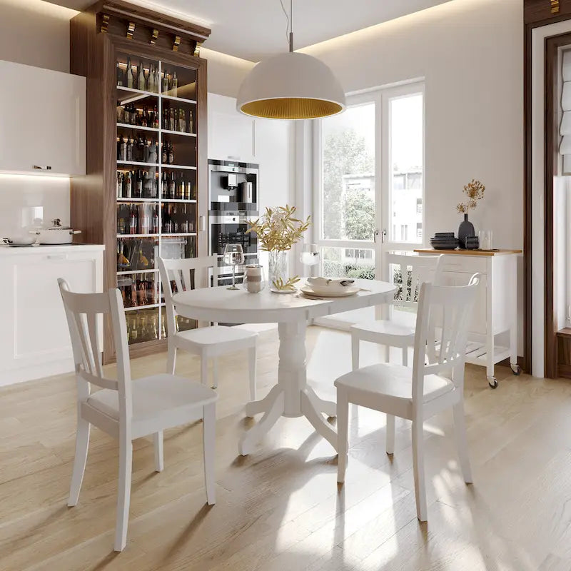 Mesa de comedor ovalada extensible de pedestal blanca, para 4 a 6 comensales