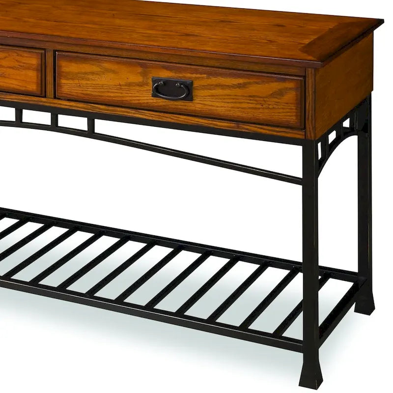 Mesa Consola para Sofá con Cubierta de Madera de Roble y Base de Metal