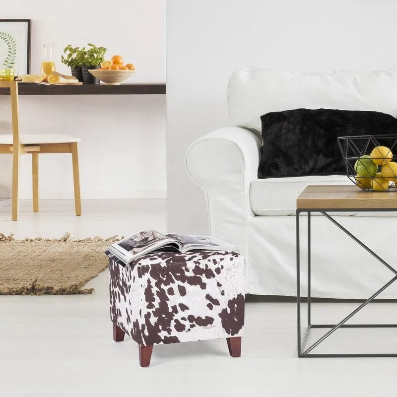 Puf cúbico con estampado de vaca, negro y marrón, reposapiés individual