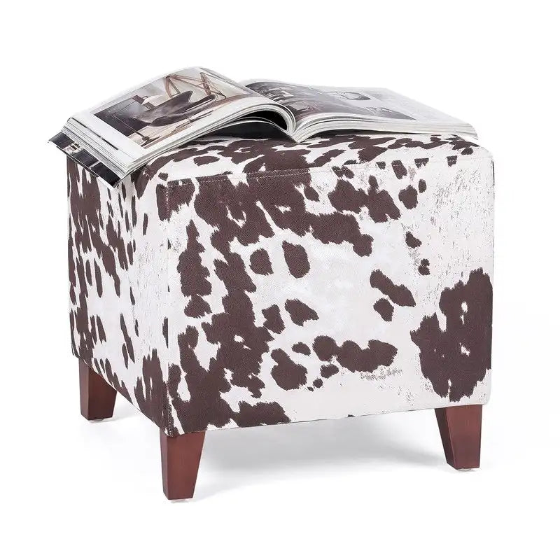 Puf cúbico con estampado de vaca, negro y marrón, reposapiés individual