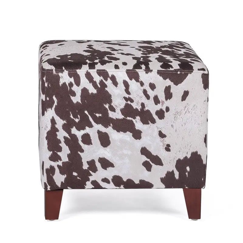 Puf cúbico con estampado de vaca, negro y marrón, reposapiés individual