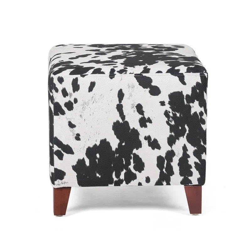 Puf cúbico con estampado de vaca, negro y marrón, reposapiés individual