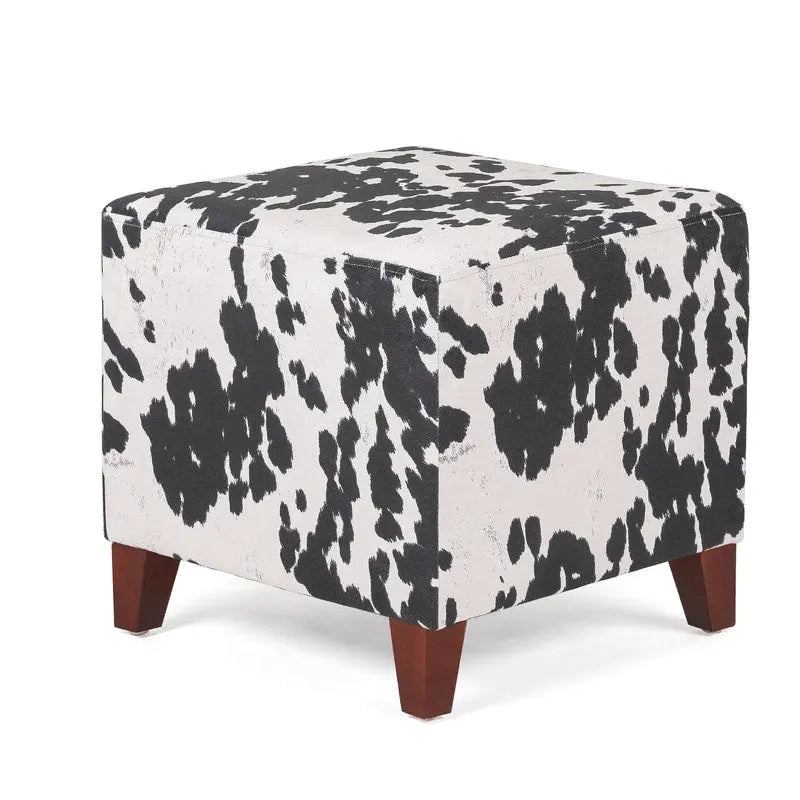 Puf cúbico con estampado de vaca, negro y marrón, reposapiés individual