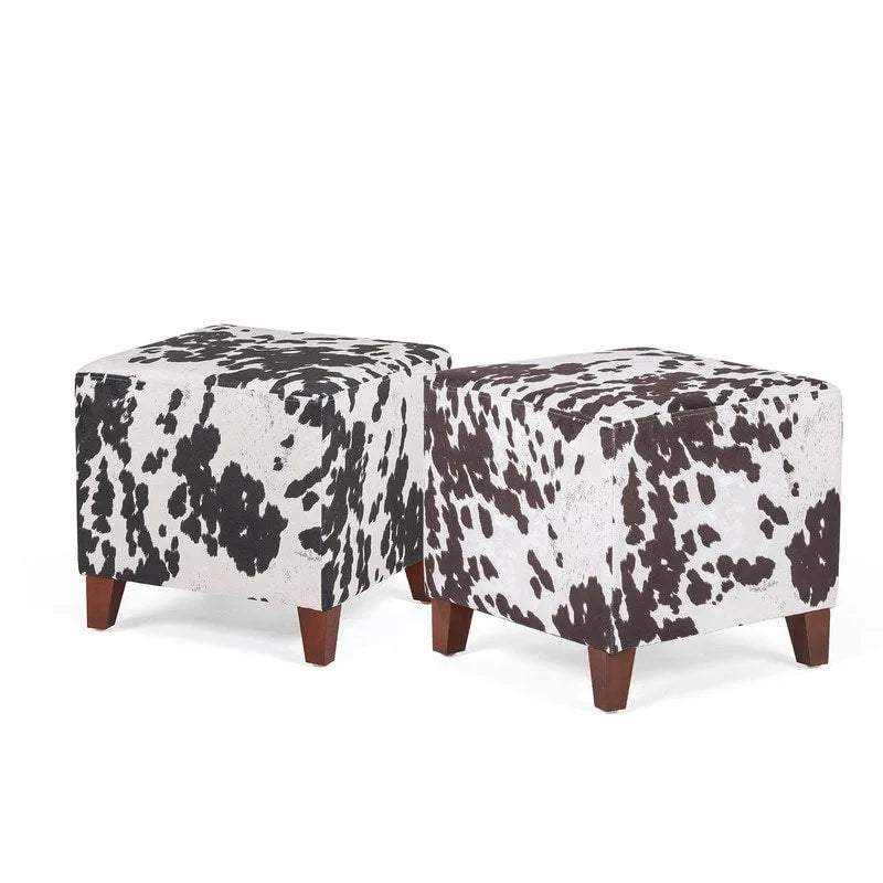Puf cúbico con estampado de vaca, negro y marrón, reposapiés individual