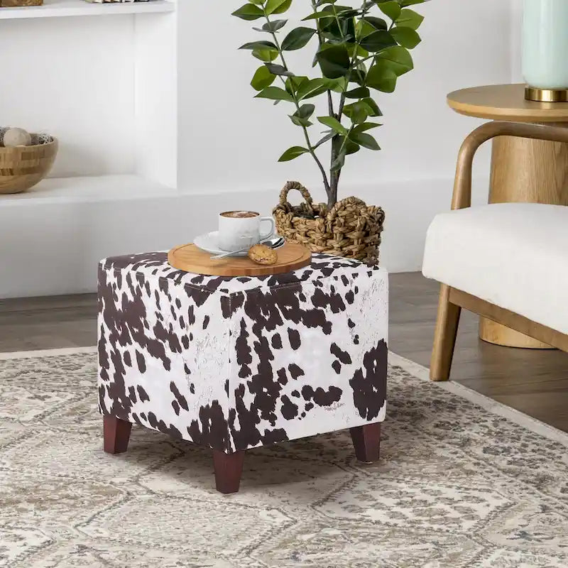 Puf cúbico con estampado de vaca, negro y marrón, reposapiés individual