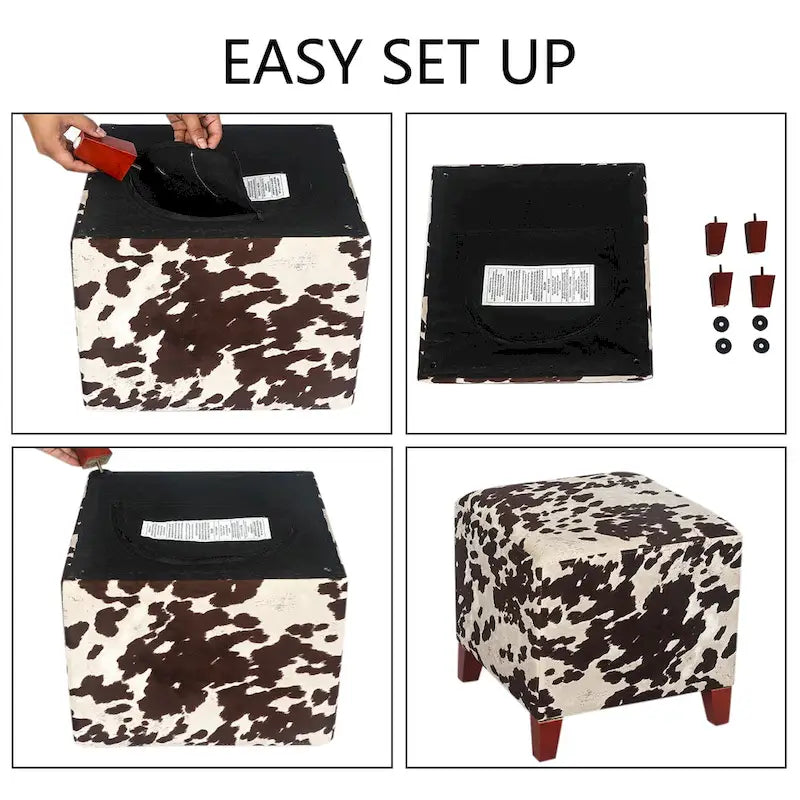 Puf cúbico con estampado de vaca, negro y marrón, reposapiés individual
