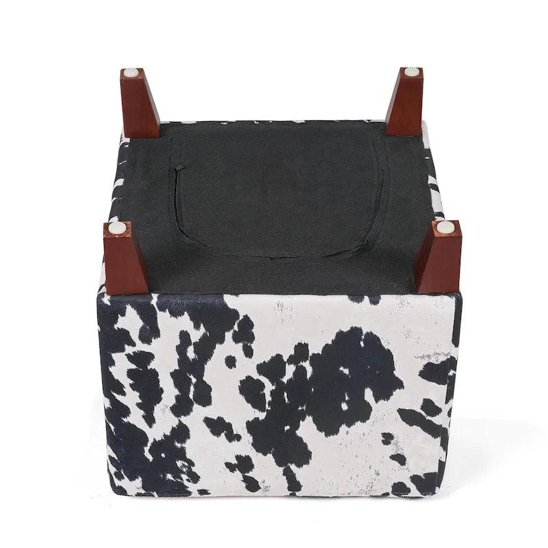 Puf cúbico con estampado de vaca, negro y marrón, reposapiés individual