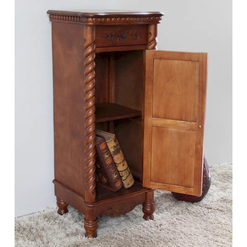 Mueble de teléfono de madera tallada de nogal con cajón y puerta, 1 persona