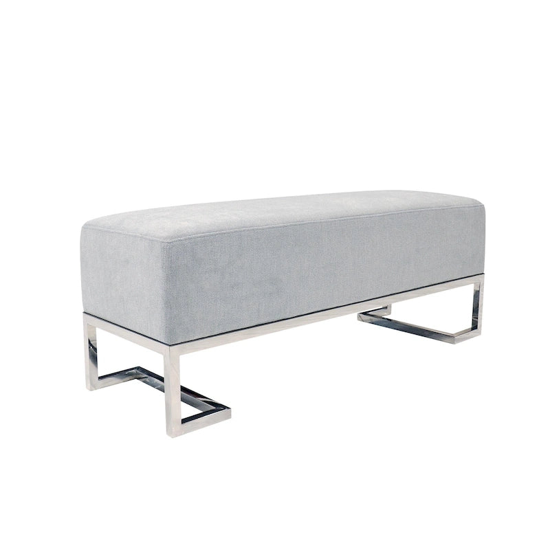 Banco tapizado en blanco roto/azul, patas de acero inoxidable, 3 plazas
