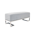 Banco tapizado en blanco roto/azul, patas de acero inoxidable, 3 plazas