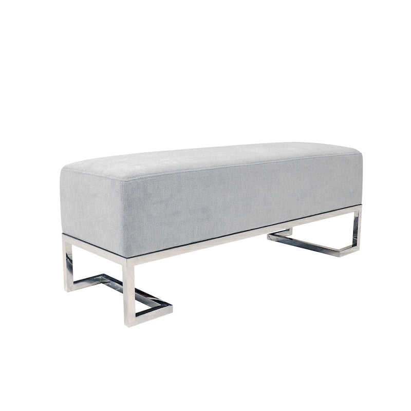 Banco tapizado en blanco roto/azul, patas de acero inoxidable, 3 plazas