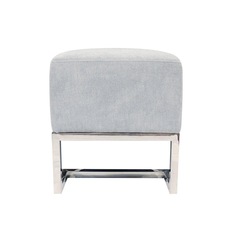 Banco tapizado en blanco roto/azul, patas de acero inoxidable, 3 plazas