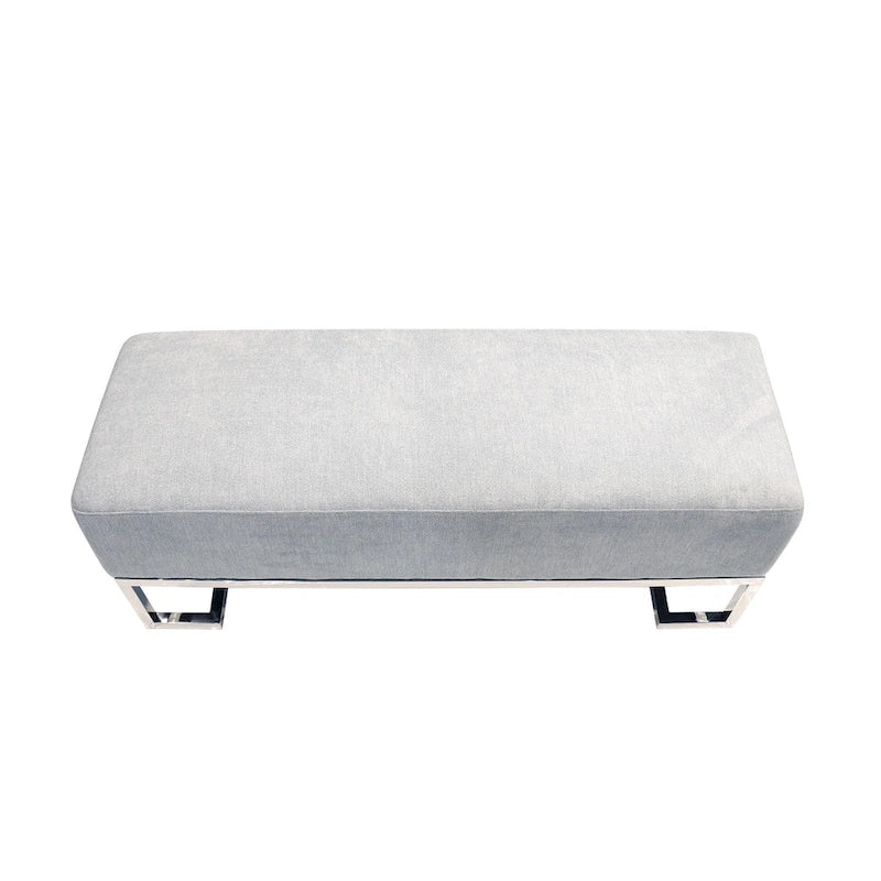 Banco tapizado en blanco roto/azul, patas de acero inoxidable, 3 plazas