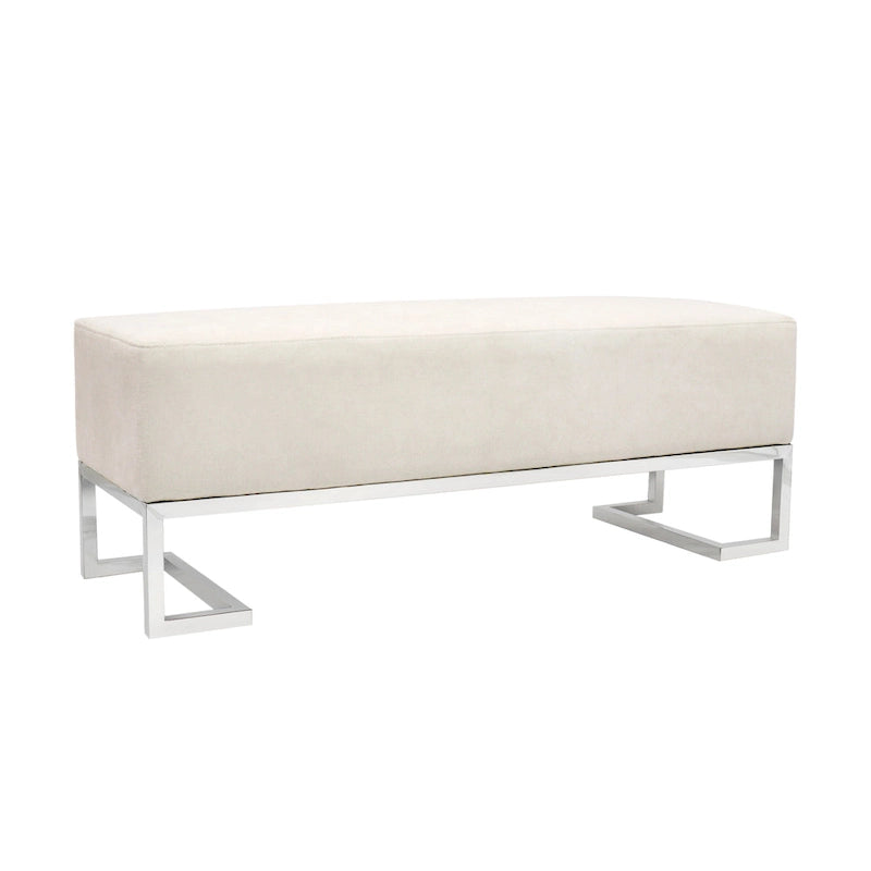 Banco tapizado en blanco roto/azul, patas de acero inoxidable, 3 plazas
