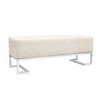 Banco tapizado en blanco roto/azul, patas de acero inoxidable, 3 plazas
