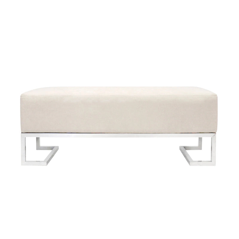 Banco tapizado en blanco roto/azul, patas de acero inoxidable, 3 plazas