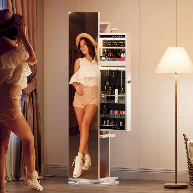 Gabinete de Joyería Espejo de Cuerpo Entero Blanco con Luces, Sencillo