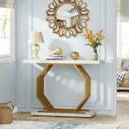 Mesa consola blanca y dorada, tope de imitación de mármol, base de metal geométrica, 40"