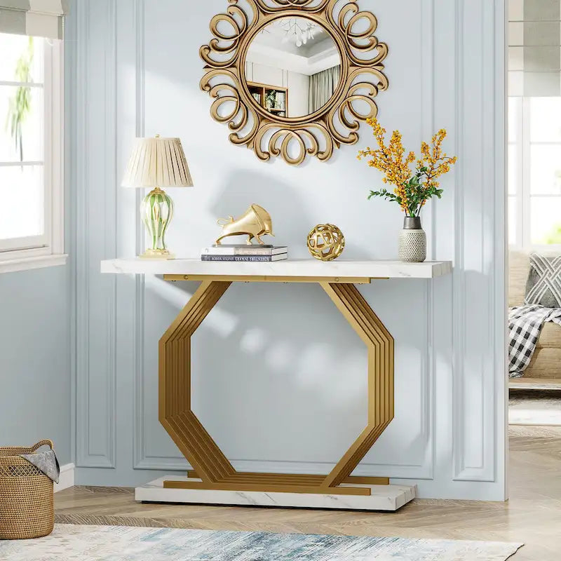Mesa consola blanca y dorada, tope de imitación de mármol, base de metal geométrica, 40"