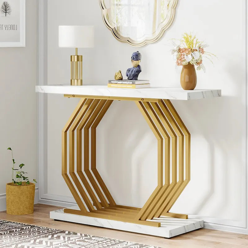 Mesa consola blanca y dorada, tope de imitación de mármol, base de metal geométrica, 40"