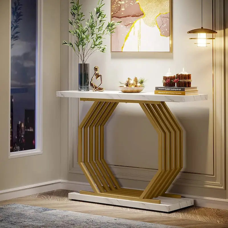 Mesa consola blanca y dorada, tope de imitación de mármol, base de metal geométrica, 40"