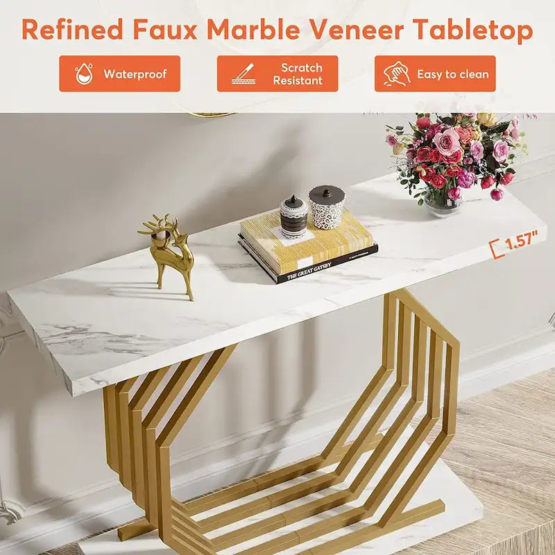 Mesa consola blanca y dorada, tope de imitación de mármol, base de metal geométrica, 40"