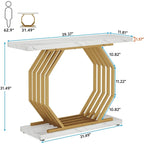 Mesa consola blanca y dorada, tope de imitación de mármol, base de metal geométrica, 40"