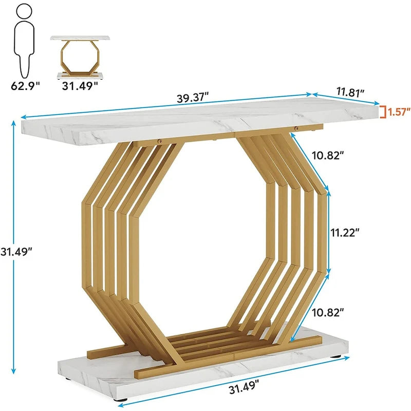 Mesa consola blanca y dorada, tope de imitación de mármol, base de metal geométrica, 40"