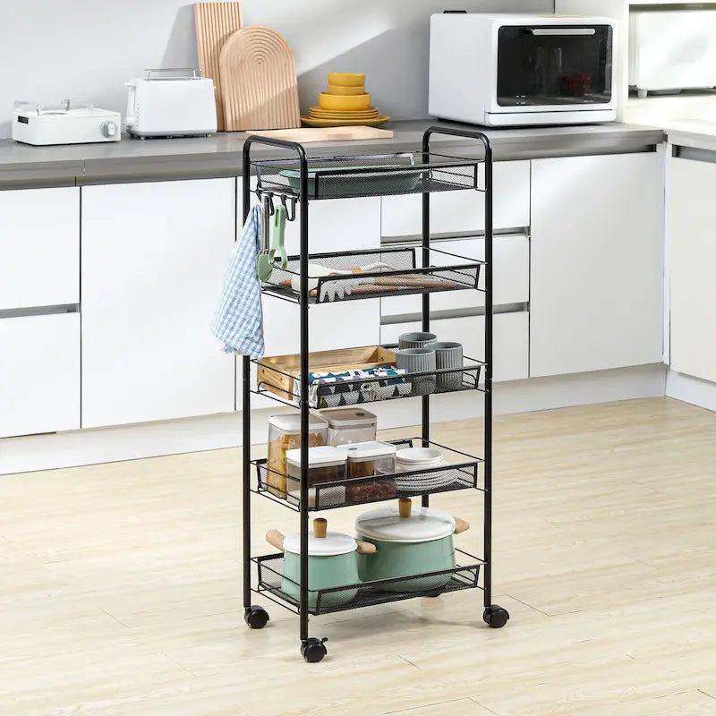 Carrito de almacenamiento rodante negro de 5 niveles, carrito de cocina con cestas de malla