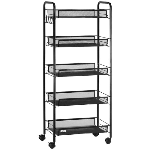 Carrito de almacenamiento rodante negro de 5 niveles, carrito de cocina con cestas de malla