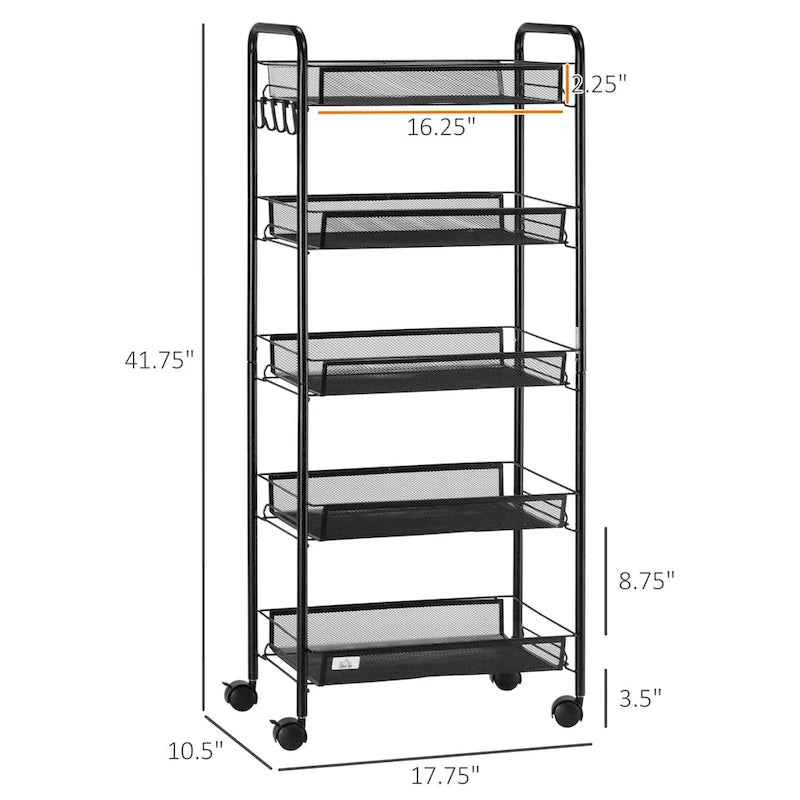 Carrito de almacenamiento rodante negro de 5 niveles, carrito de cocina con cestas de malla