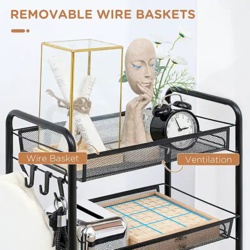 Carrito de almacenamiento rodante negro de 5 niveles, carrito de cocina con cestas de malla