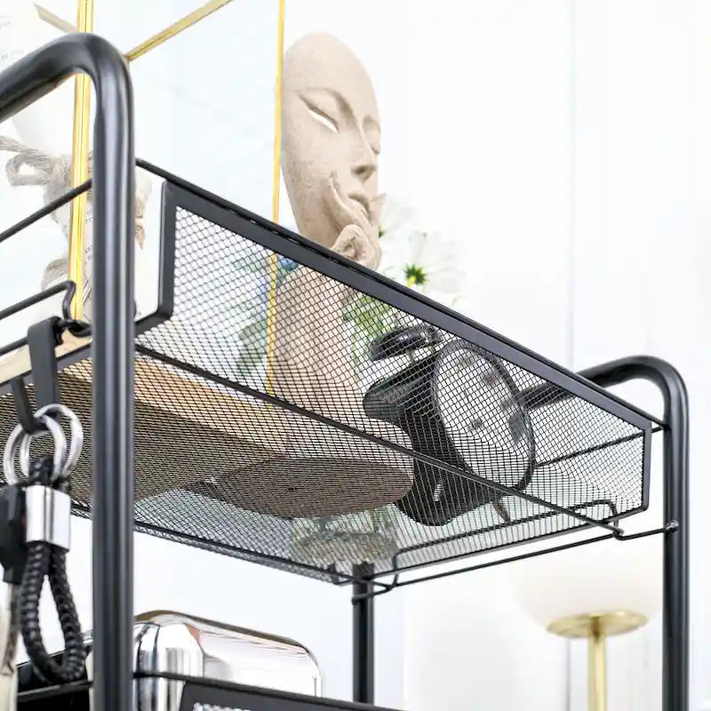 Carrito de almacenamiento rodante negro de 5 niveles, carrito de cocina con cestas de malla