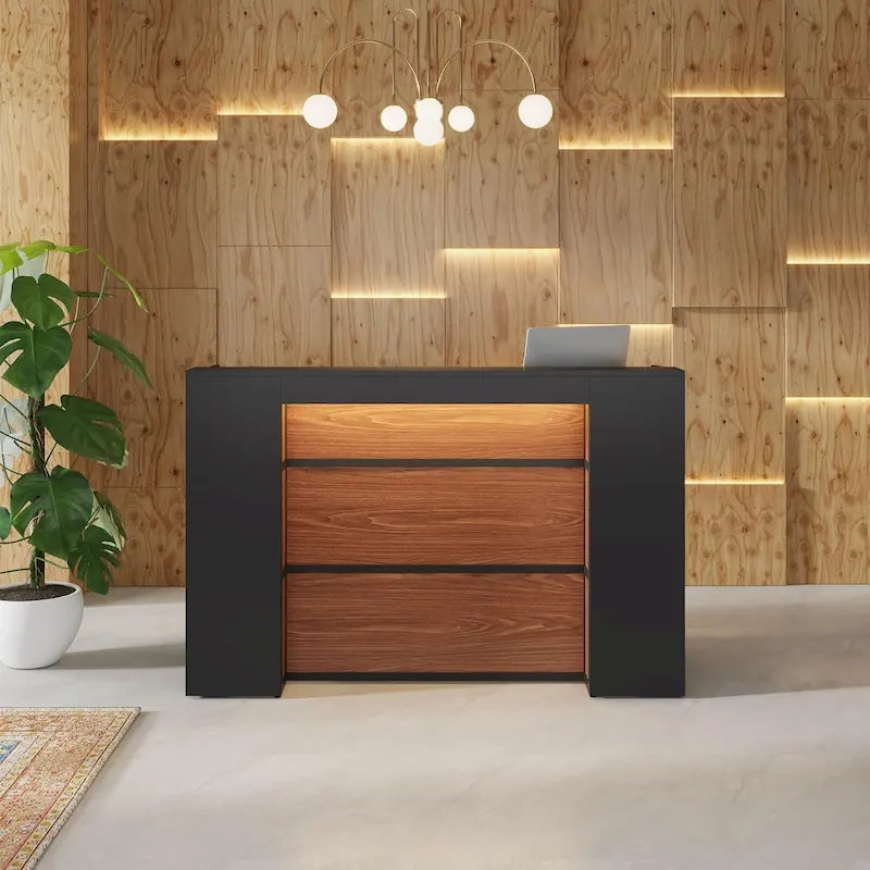 Escritorio de recepción en forma de L blanco/marrón con luces LED, mostrador individual con panel de privacidad