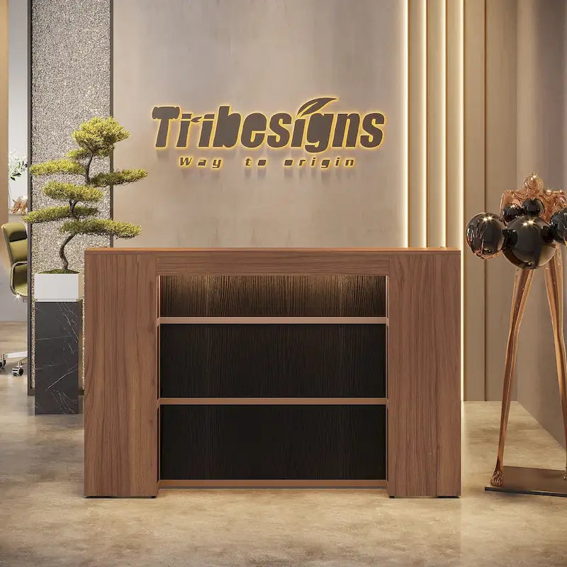 Escritorio de recepción en forma de L blanco/marrón con luces LED, mostrador individual con panel de privacidad