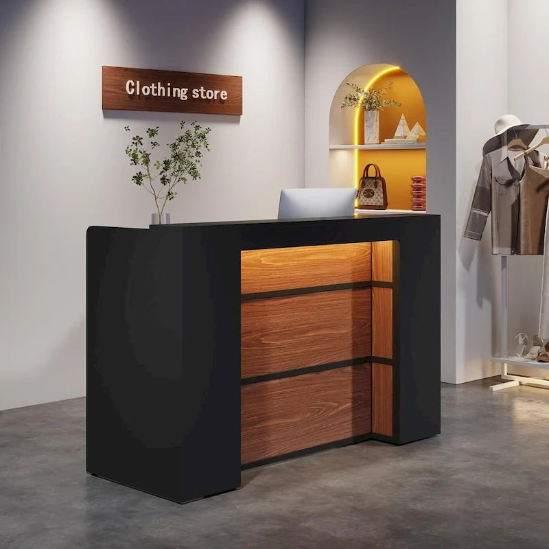 Escritorio de recepción en forma de L blanco/marrón con luces LED, mostrador individual con panel de privacidad