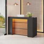Escritorio de recepción en forma de L blanco/marrón con luces LED, mostrador individual con panel de privacidad