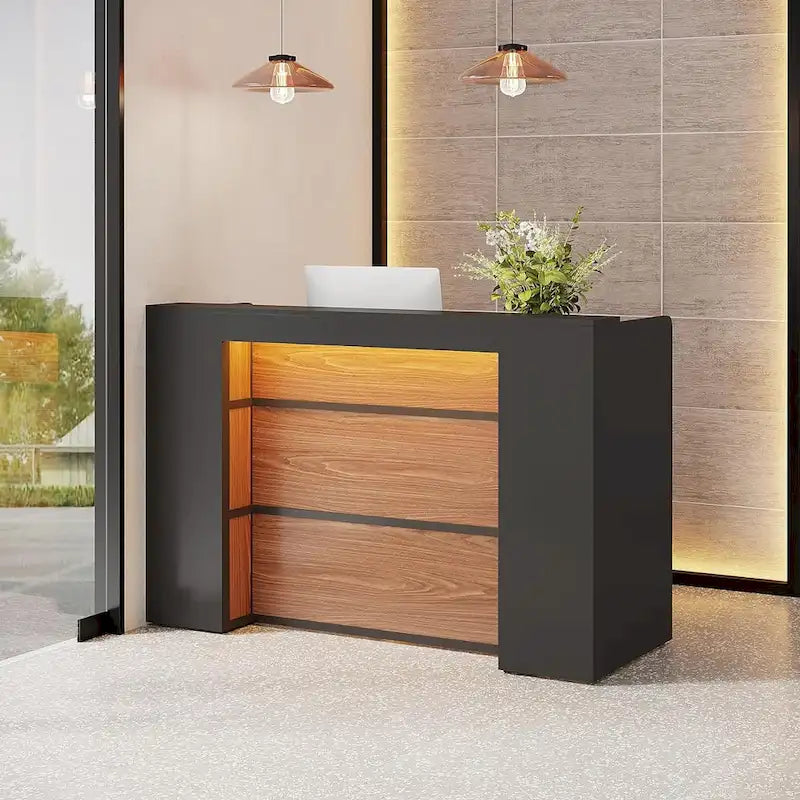 Escritorio de recepción en forma de L blanco/marrón con luces LED, mostrador individual con panel de privacidad