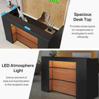 Escritorio de recepción en forma de L blanco/marrón con luces LED, mostrador individual con panel de privacidad