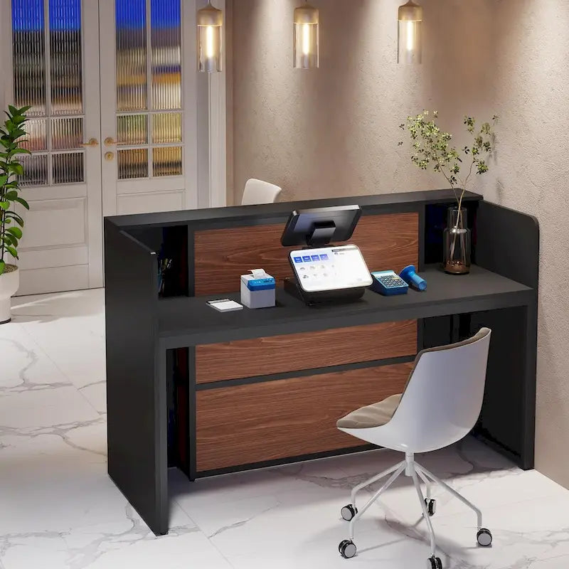 Escritorio de recepción en forma de L blanco/marrón con luces LED, mostrador individual con panel de privacidad