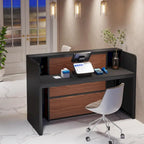 Escritorio de recepción en forma de L blanco/marrón con luces LED, mostrador individual con panel de privacidad